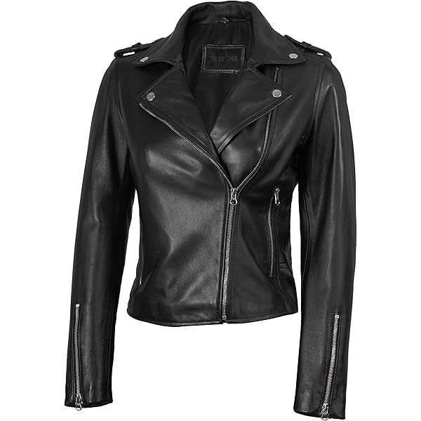 Women's Black Leather Shearling Sheepskin Biker Jacket XS at
